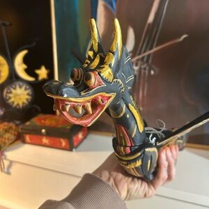 Vtg 90s Dragon Naga Flying Hanging 17" Green/Gold Handmade Wooden Bali Folkart